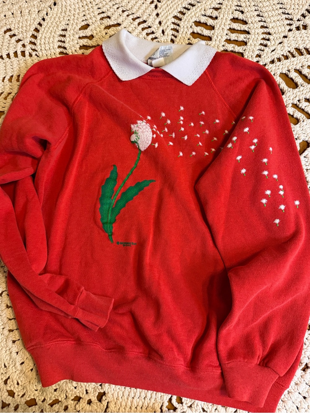 Vtg 80’s Morning Sun Dandelion Sweatshirt L Red Collared Made USA grandmacore